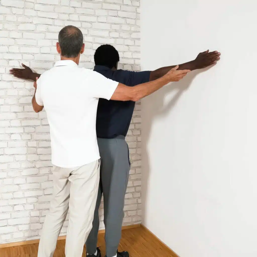 Eine Person steht vor einer Zimmerecke und hat die Arme zu den Seiten gestreckt. Die Handflächen berühren die Wände rechts und links. Roland Liebscher-Bracht steht hinter der Person und korrigiert die Armhaltung.