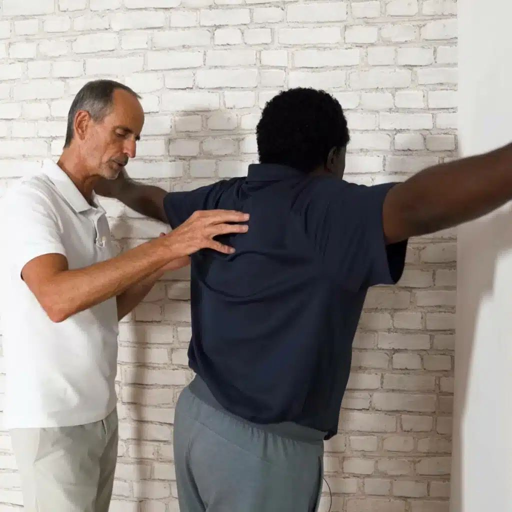 Eine Person steht in der Zimmerecke und hat die Arme zu den Seiten ausgebreitet. Sie lehnt sich leicht nach vorne mit dem Oberkörper.