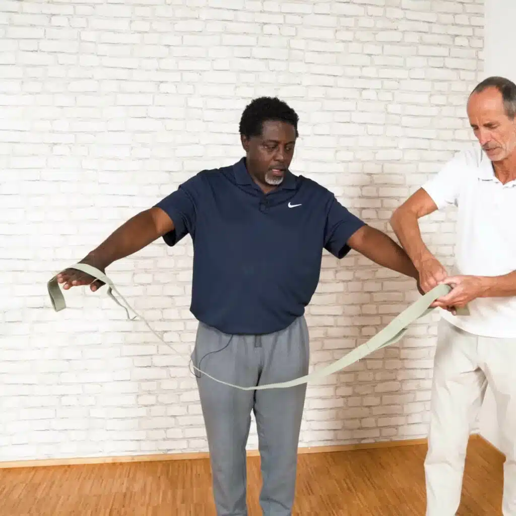 Eine Person legt beide Hände in die Schlaufen des Schulterretters von Liebscher & Bracht. Roland Liebscher-Bracht hilft ihr dabei und fädelt die linke Hand in die Schlaufe.