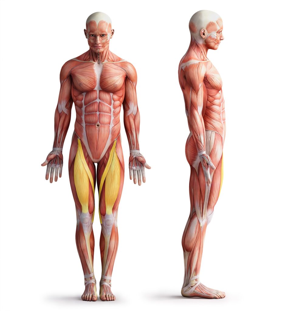 Illustration Muskeln menschlicher Körper von vorne und von der Seite, Hüftbeuger farblich hervorgehoben