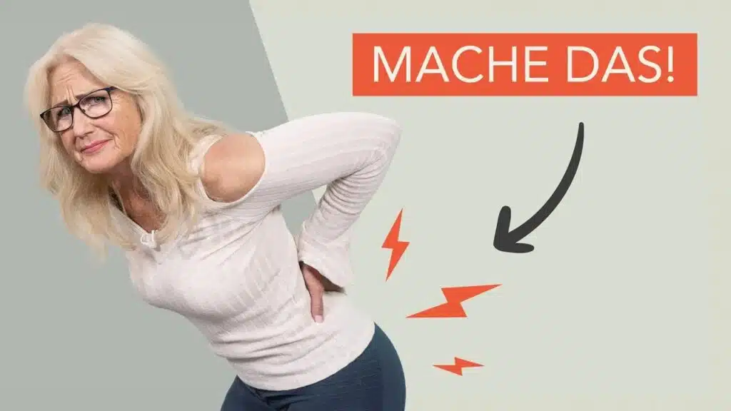 Eine Frau beugt sich nach vorne und hält mit schmerzverzerrtem Gesicht ihren Rücken. Im Bild steht der Text "Mach das!"