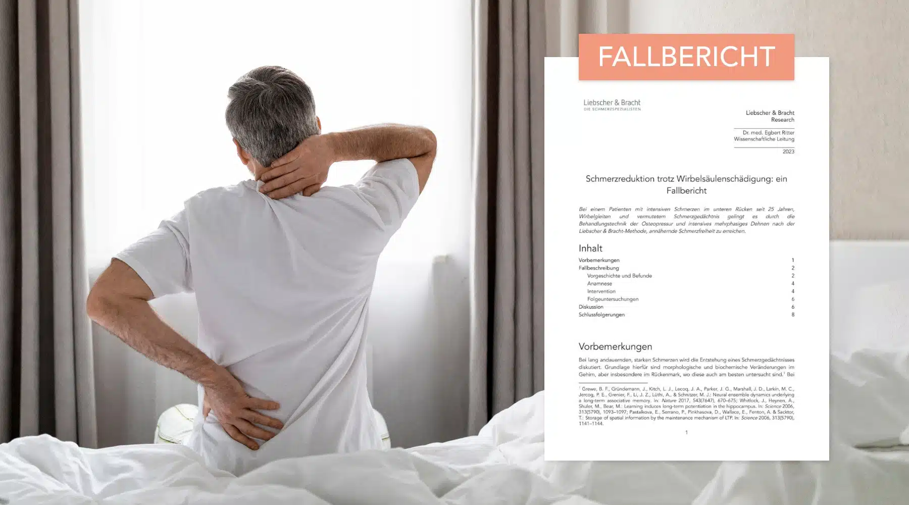 Links ein Mann in Rückansicht , der auf einem Bett sitzt und sich den Nacken sowie den unteren Rücken hält. Rechts davon ist das Titelblatt eines Fallberichts von Liebscher & Bracht angebildet