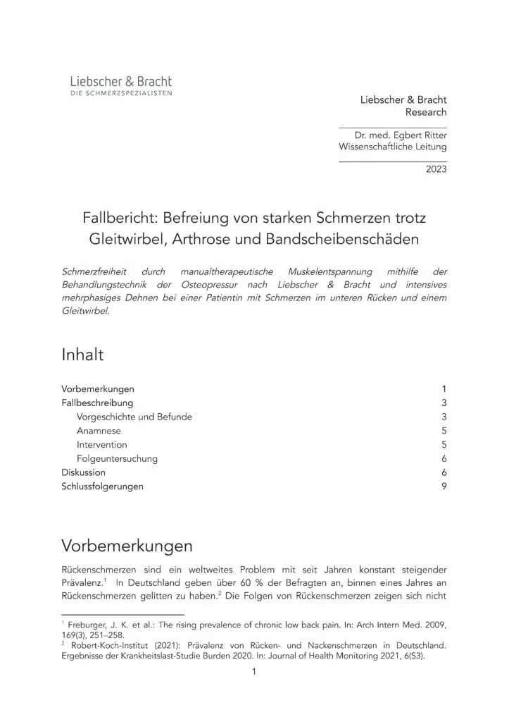 Titelblatt des Fallberichts: Befreiung von starken Schmerzen trotz Gleitwirbel, Arthrose und Bandscheibenschäden
