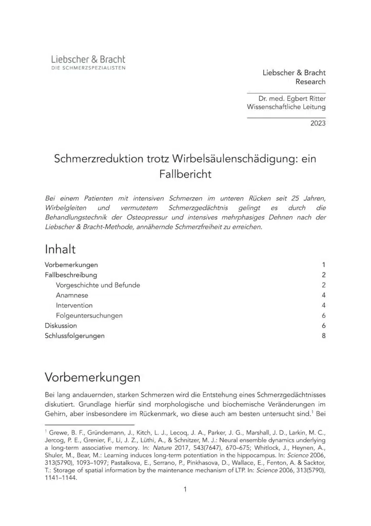 Titelbaltt des Fallberichts von Liebscher & Bracht: "Schmerzreduktion trotz Wirbelsäulenschädigung"