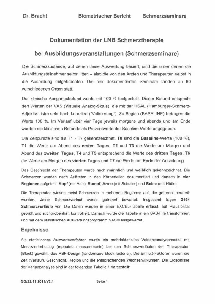 Text-Vorschau der Dokumentation zur Liebscher & Bracht Schmrrztherapie bei Ausbildungsveranstaltungen.