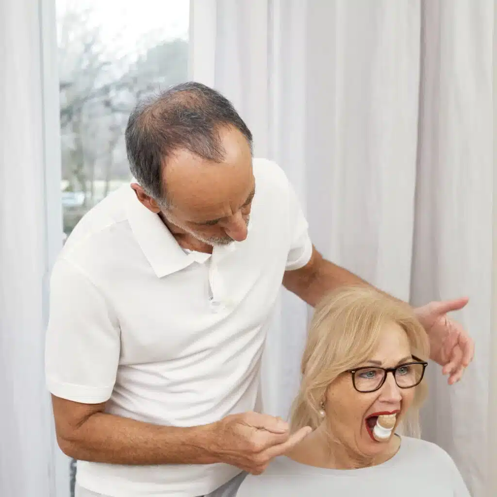 Eine Person hat den Kieferretter im Mund. Der Mund ist weit geöffnet, sie beißt mit den Zähnen auf die Korkflächen des Kieferretters. Roland Liebscher-Bracht steht hinter ihr und deutet mit den Fingern auf den Kieferretter.