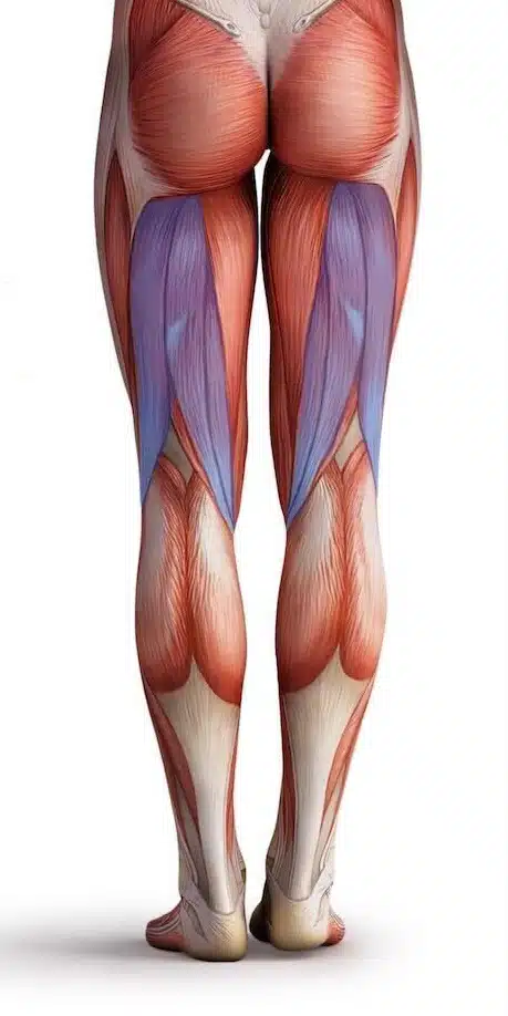 Illustration Muskeln menschlicher Körper Beine von hinten, ischiocrurale Muskulatur farblich hervorgehoben