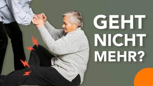 Eine alte Frau sitzt am Boden und zieht sich an den Händen einer anderen Person nach oben. Die alte Dame hat einen angestrengten Blick und neben ihren Knien sind kleine rote Blitze abgebildet. Daneben steht der Text: "Geht nicht mehr?"