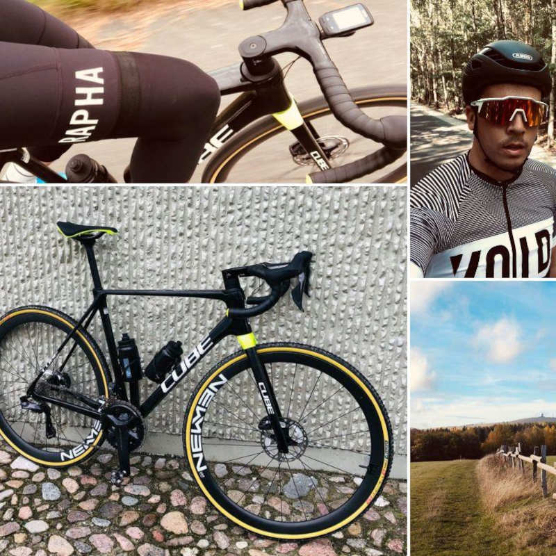 Collage aus Rennrad, Landschaftsbild und Rennradfahrer mit Helm, Brille und Trikot