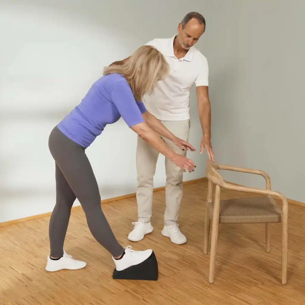 Eine Person steigt mit dem rechten Fuß auf den Knieretter und lehnt sich mit dem Oberkörper nach vorne, um mit den Händen eine Stuhllehne zu greifen.