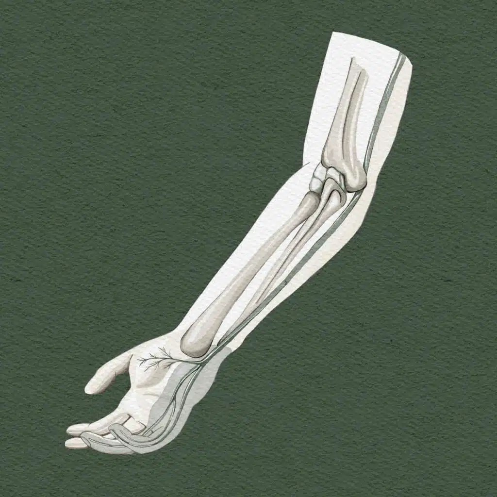 Grafik von einem rechten Arm. Die Knochen und der Ellennerv des Arms sind sichtbar eingezeichnet. Der Hintergrund ist dunkelgrün.
