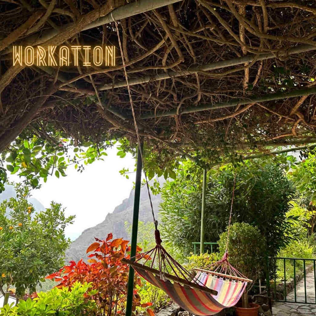 Eine bunte Hängematte ist an einem Gerüst angebracht. In der Umgebung sieht man farbenfrohe Vegetation und einen Orangenbaum. Auf dem Bild steht: Workation.