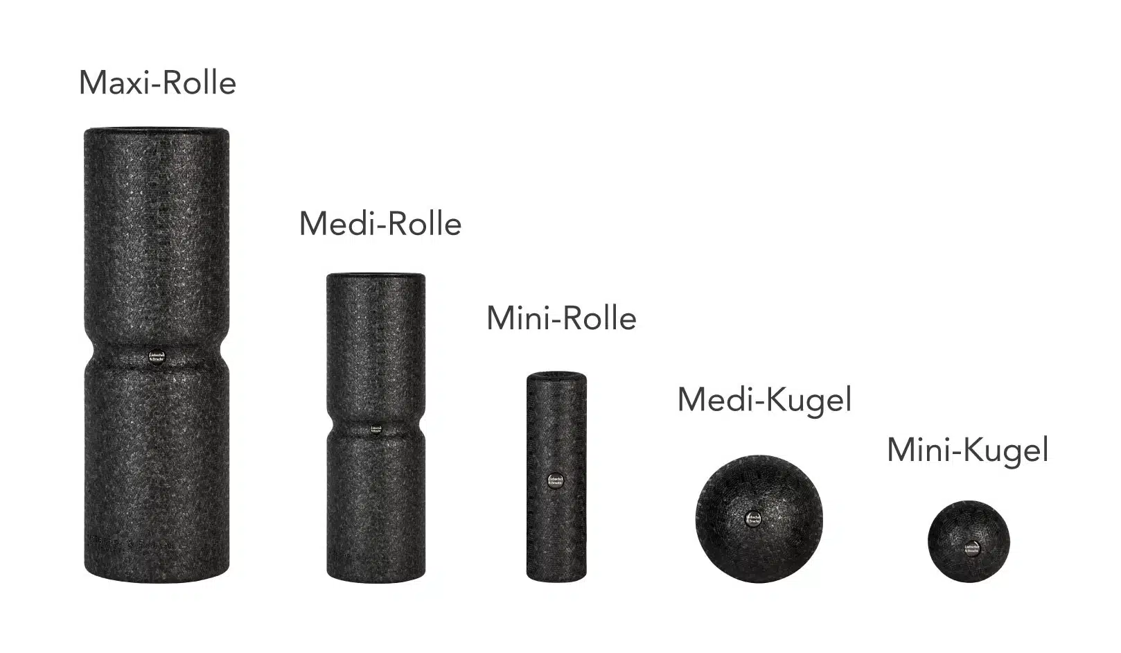Zu sehen sind Faszienrollen und Faszienkugeln von Liebscher & Bracht nach Größen geordnet vor einem weißen Hintergrund.