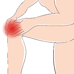 Zwei Hände halten ein rot markiertes Knie.