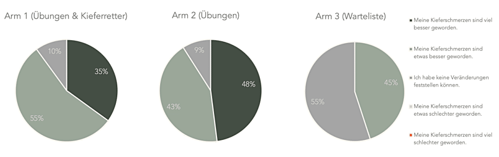 Grafik zur Beurteilung der Kieferschmerzen am Ende der Kieferstudie von Liebscher & Bracht. 3 Tortendiagramme zu den 3 Studienarmen verdeutlichen die jeweilige prozentuale Verteilung der Schmerzbewertung.