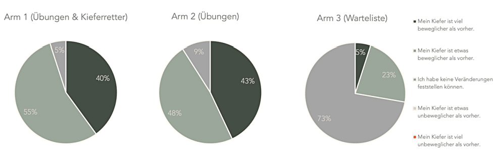 Grafik zur Beurteilung der Kieferbeweglichkeit am Ende der Kieferstudie von Liebscher & Bracht. 3 Tortendiagramme zu den 3 Studienarmen verdeutlichen die jeweilige prozentuale Verteilung der Bewertung der Kieferbeweglichkeit