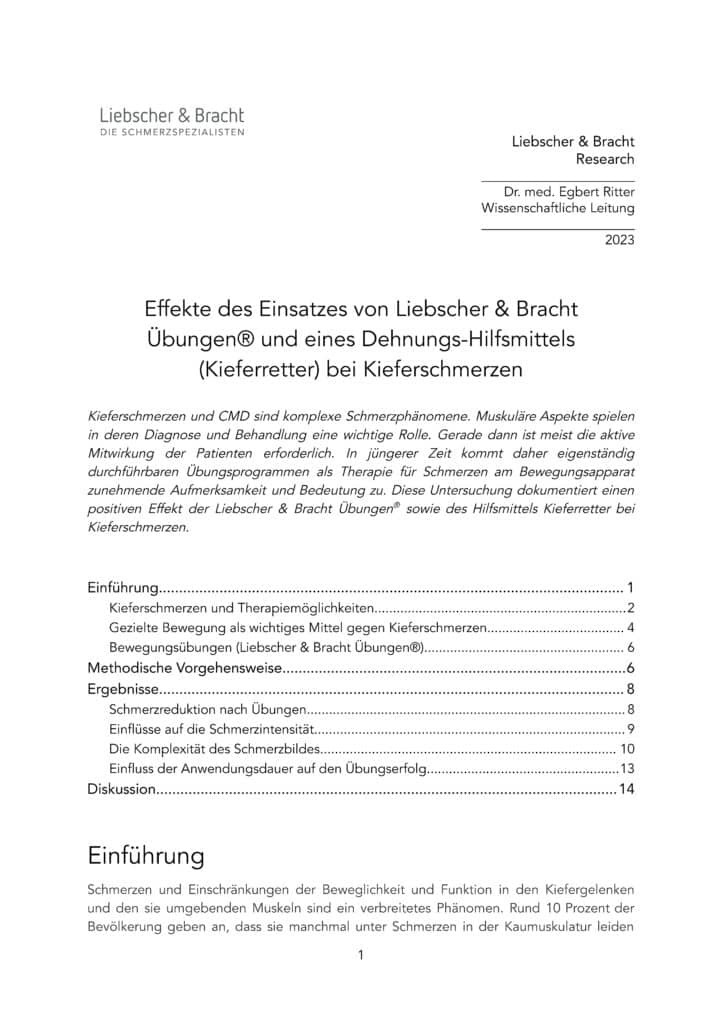 Titelblatt der Studie von Liebscher & Bracht Research:: Effekte des Einsatzes von Liebscher & Bracht Übungen® und eines Dehnungs-Hilfsmittels (Kieferretter) bei Kieferschmerzen