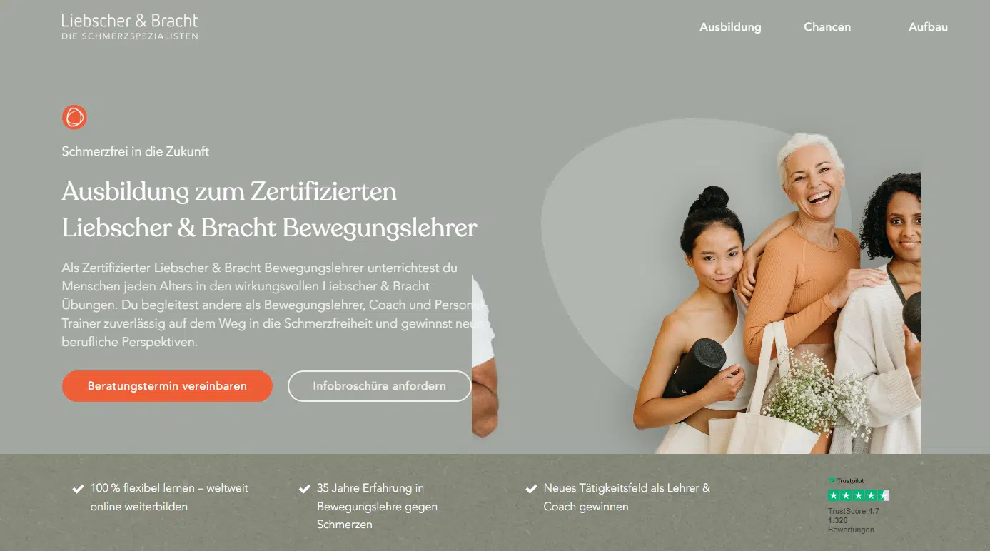 Ausschnitt von der Website zur Ausbildung zum Zertifizierten Liebscher & Bracht Bewegungslehrer