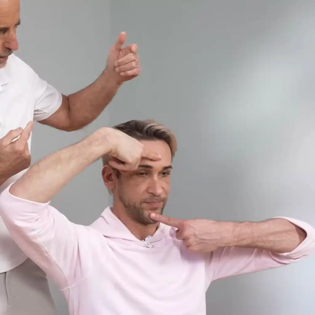 Eine Person hat den rechten Zeigefinger auf der Stirn abgelegt und den linken Zeigefinger auf dem Kinn. Sie macht ein Doppelkinn und hält den Kopf gerade.