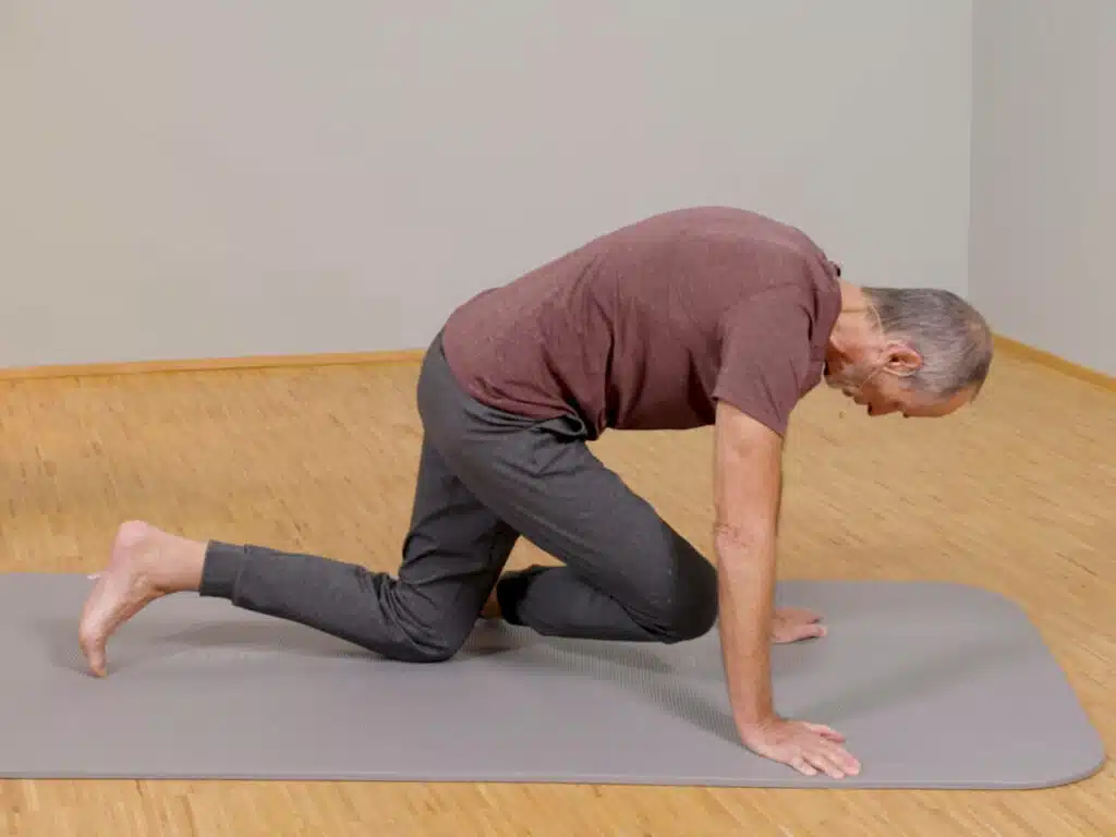 Roland Liebscher-Bracht beginnt eine Übung am Boden. Dafür ist er auf allen Vieren und kreuzt seine Beine.