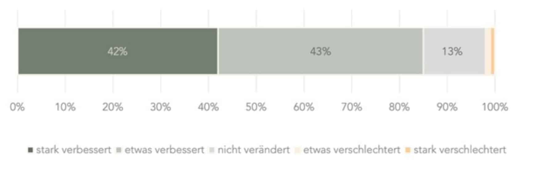 Zu sehen ist eine Skala, die die Umfrageergebnisse des Schulterretters darstellt. Drei Balken mit den Zahlen 42 % und 43 % und 13 % zeigen den jeweiligen Einfluss des Schulterretters auf die Schmerzen an.