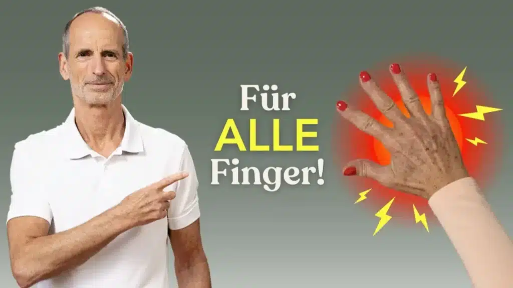 Roland Liebscher-Bracht deutet auf einen Schriftzug: Für alle Finger! Daneben ist eine Hand mit gespreizten Fingern.