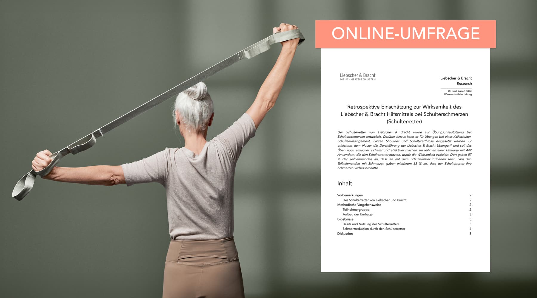 Rückenansicht einer Frau, die ein grünes Baumwollband über den Kopf hält. Rechts davon eine Einblendung der Ergebnisse einer Studie.