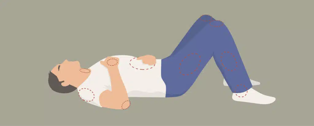 Eine Person liegt am Boden, die an Fibromyalgie / Fibromyalgie Syndrom leidet. Schulter, Ellenbogen, Hand, Nacken und Knöchel sind rötlich markiert.
