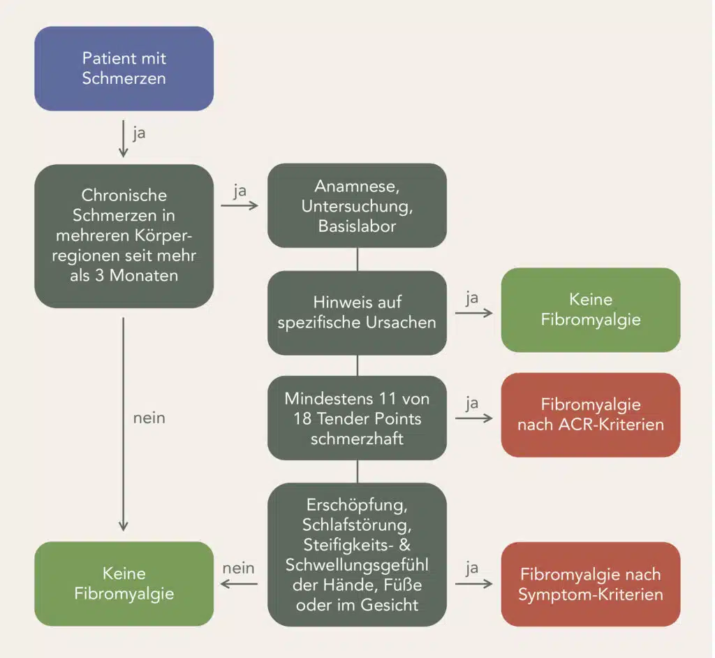Um das Fibromyalgie Syndrom zu diagnostizieren, kommen verschiedene Fragebögen zum Einsatz. Darauf aufbauend können Therapie und Behandlung erfolgen. Die Grafik zeigt den Weg eines Patienten mit Schmerzen über die Untersuchung hin zur Diagnose.