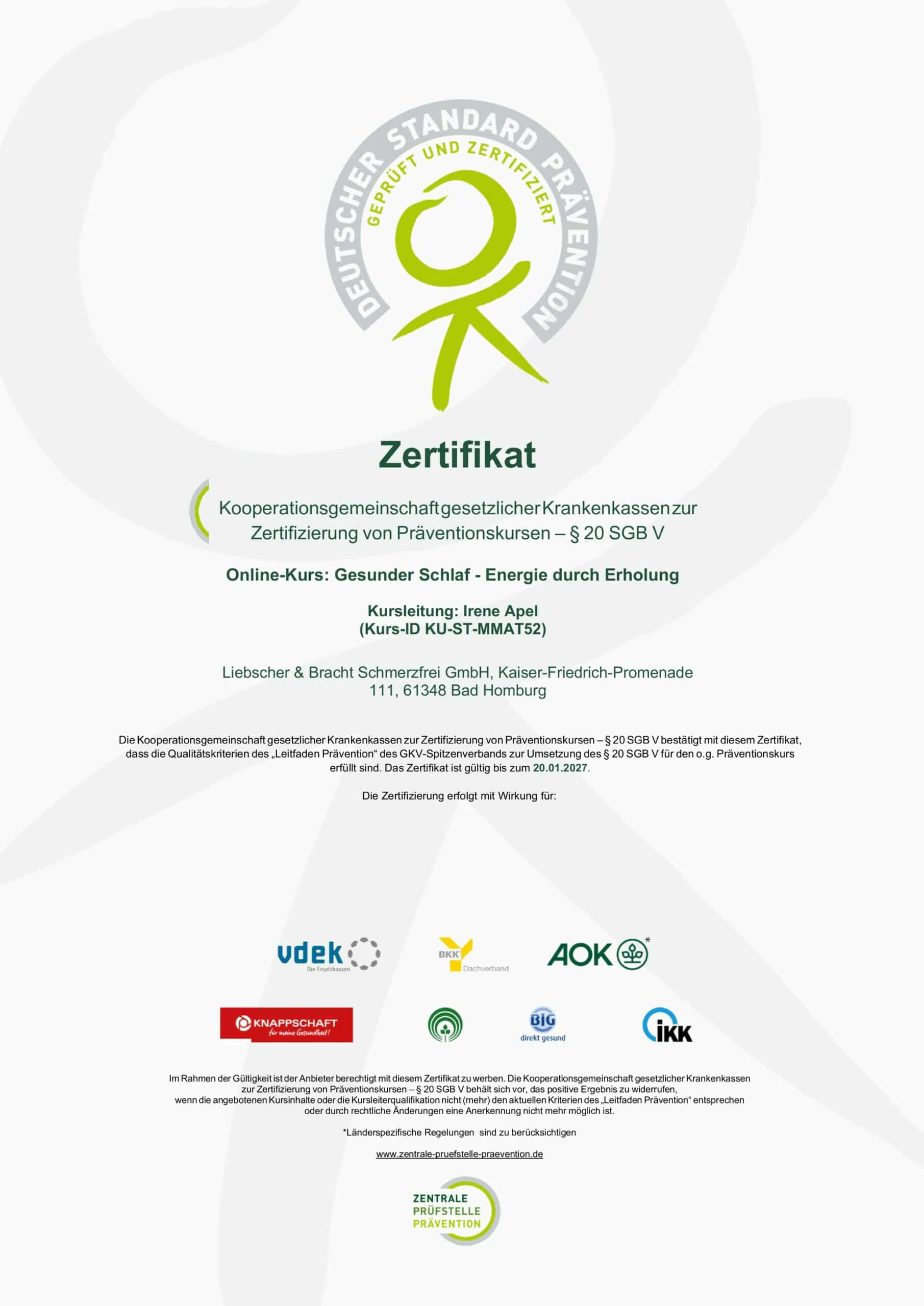 Zertifikat Schlafkurs